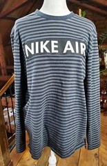 NIKE AIR Sportswear Mens Shirt Medium Black Gray Striped Long Slv Cotton Logo