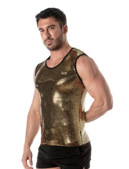 TOF PARIS Glitter Form-Fitting Tank Top Fashion Sequin Gold 15 gallery