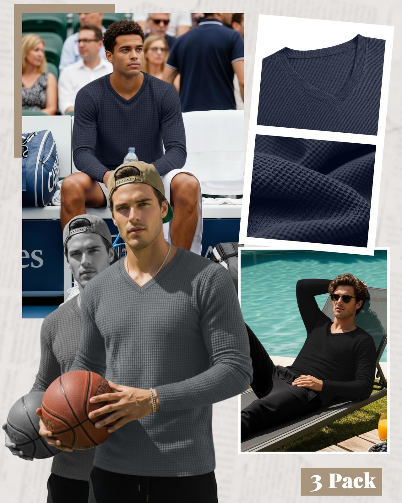 Ficerd 3 Pack Men's Waffle Thermal Long Sleeve Shirts V Neck Underwear Tops C... gallery