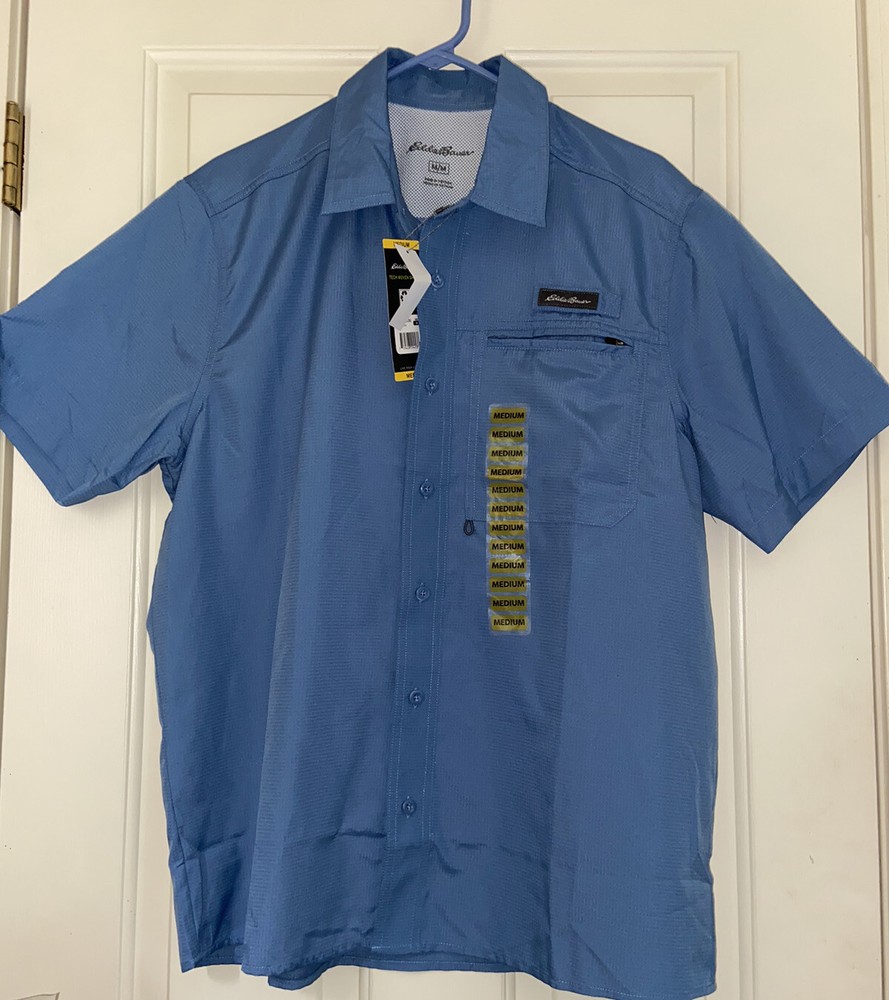 Eddie Bauer Men's Blue Moisture Wicking Woven Tech Short Sleeve SHIRT Sz- M NWT