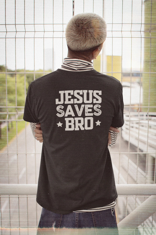 Bella & Canvas Short Sleeve Tee "Jesus Saves Bro" white graphic printed on back gallery