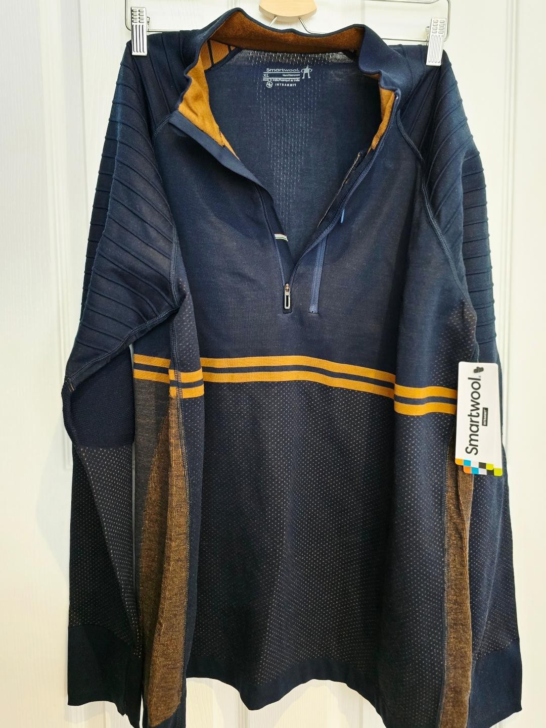 NEW Smartwool Mens Intraknit Merino Tech 1/4 Zip, XL, Color Deep Navy-Fox Brown gallery