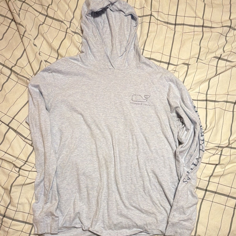Vineyard Vines Men’s Gray Hooded Pullover Long Sleeve Cotton Whale Logo Tee L