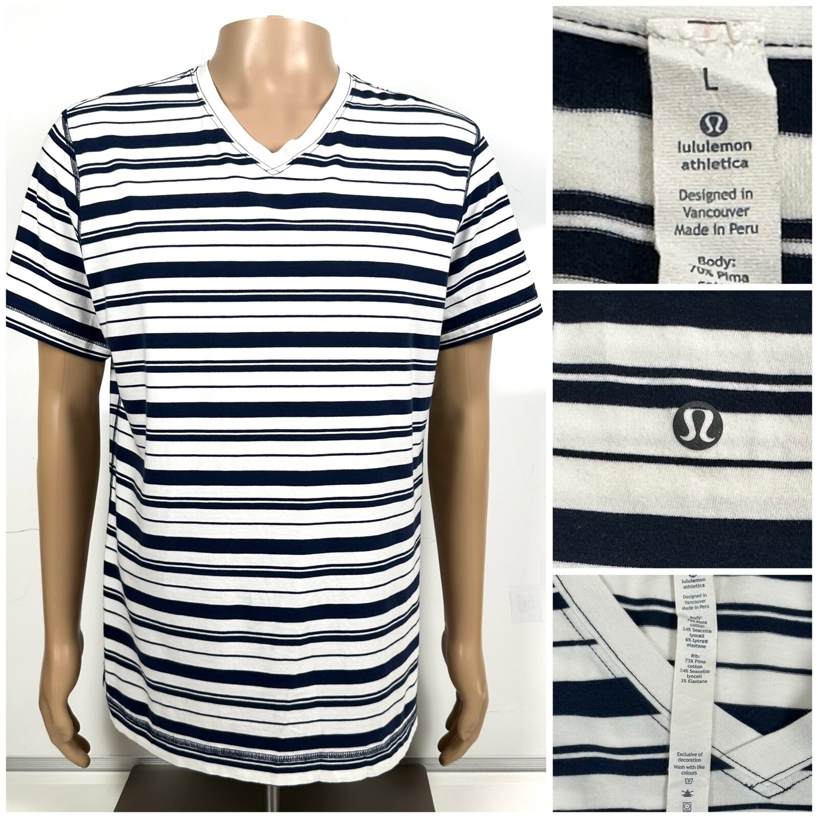 Lululemon Vent Tech Mens Size LARGE White striped Short Sleeve T shirt PERU MADE gallery