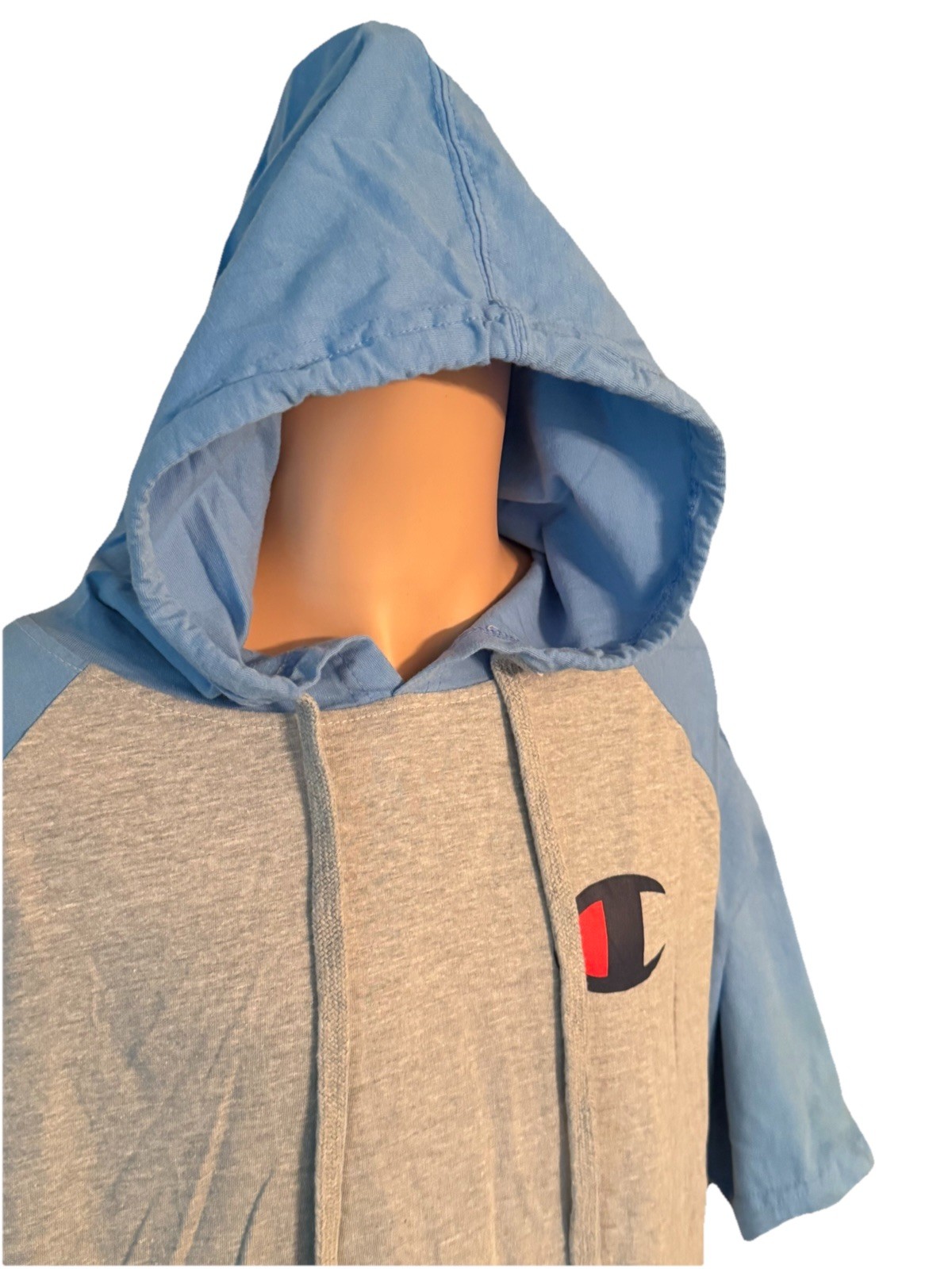 Champion Size XL Short Sleeve Hooded Shirt Gray And Light Blue with Front Pocket gallery