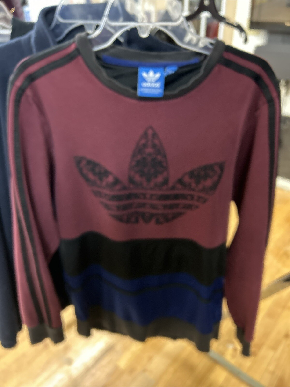 Adidas Sweater Mens XL Maroon Black Blue Pullover Comfort Suede Paisley Logo gallery