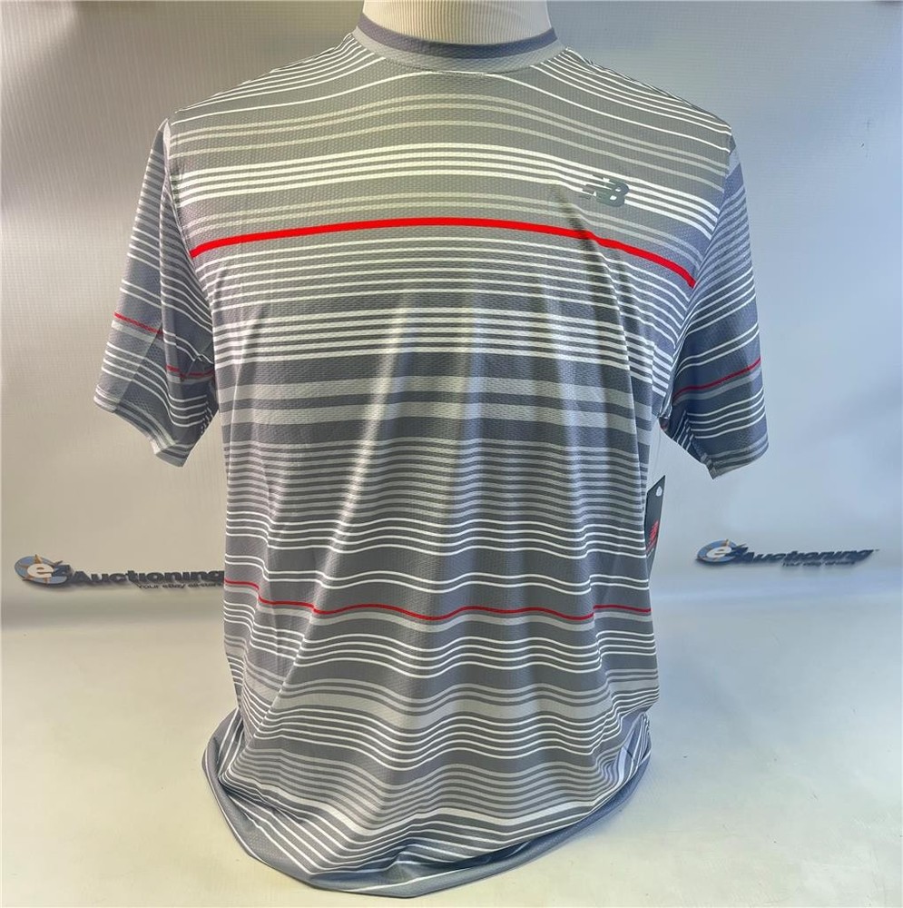 New Balance Rally Crew Grey/ White/ Red Striped Men's Shirt Size Large