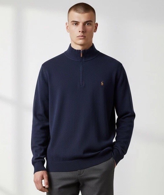 Polo Ralph Lauren Men's 3XLT Navy Blue Estate Rib Quarter Zip Pullover Sweater gallery