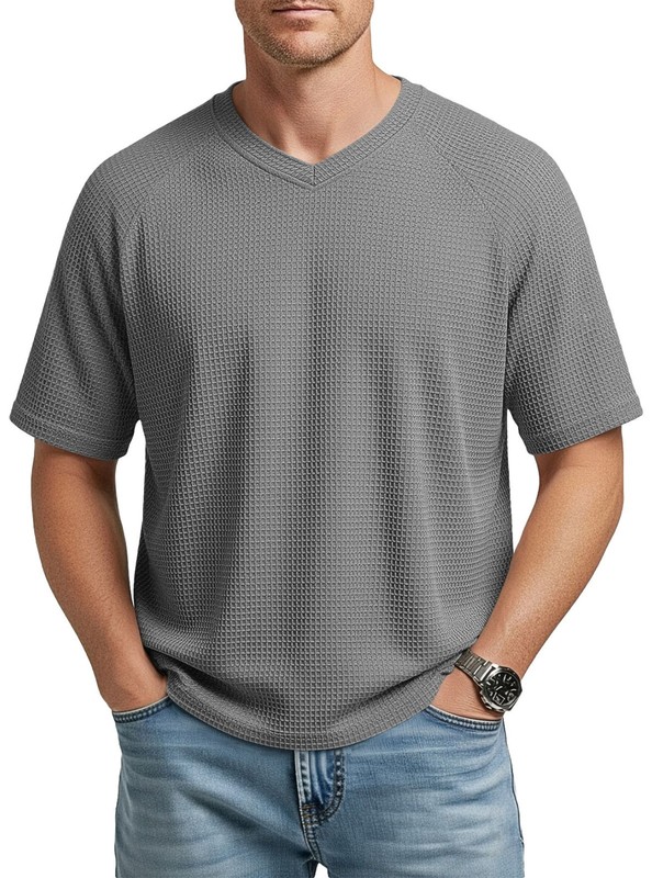 Men's Waffle Knitted Versatile Shoulder Sleeve V-neck Short Sleeve Men's T-shirt gallery