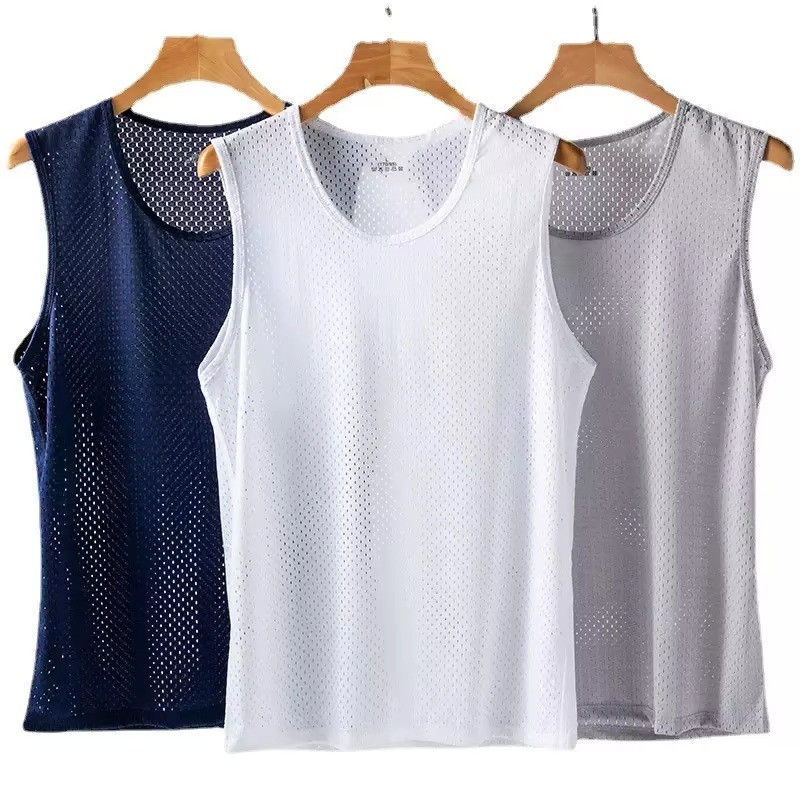 Men's Tank Top Ice Silk Mesh Summer Gym Sleeveless Shirt Sports Fitness Vest gallery