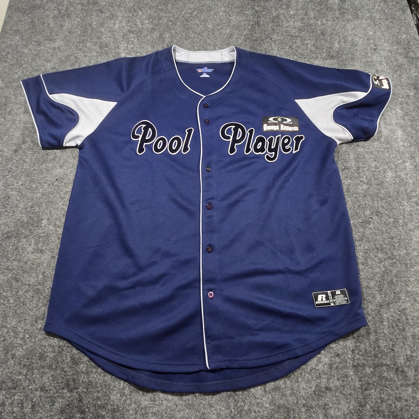 Russell Athletics Omega Billiards Pool Player Baseball Jersey Shirt Button Sz XL gallery