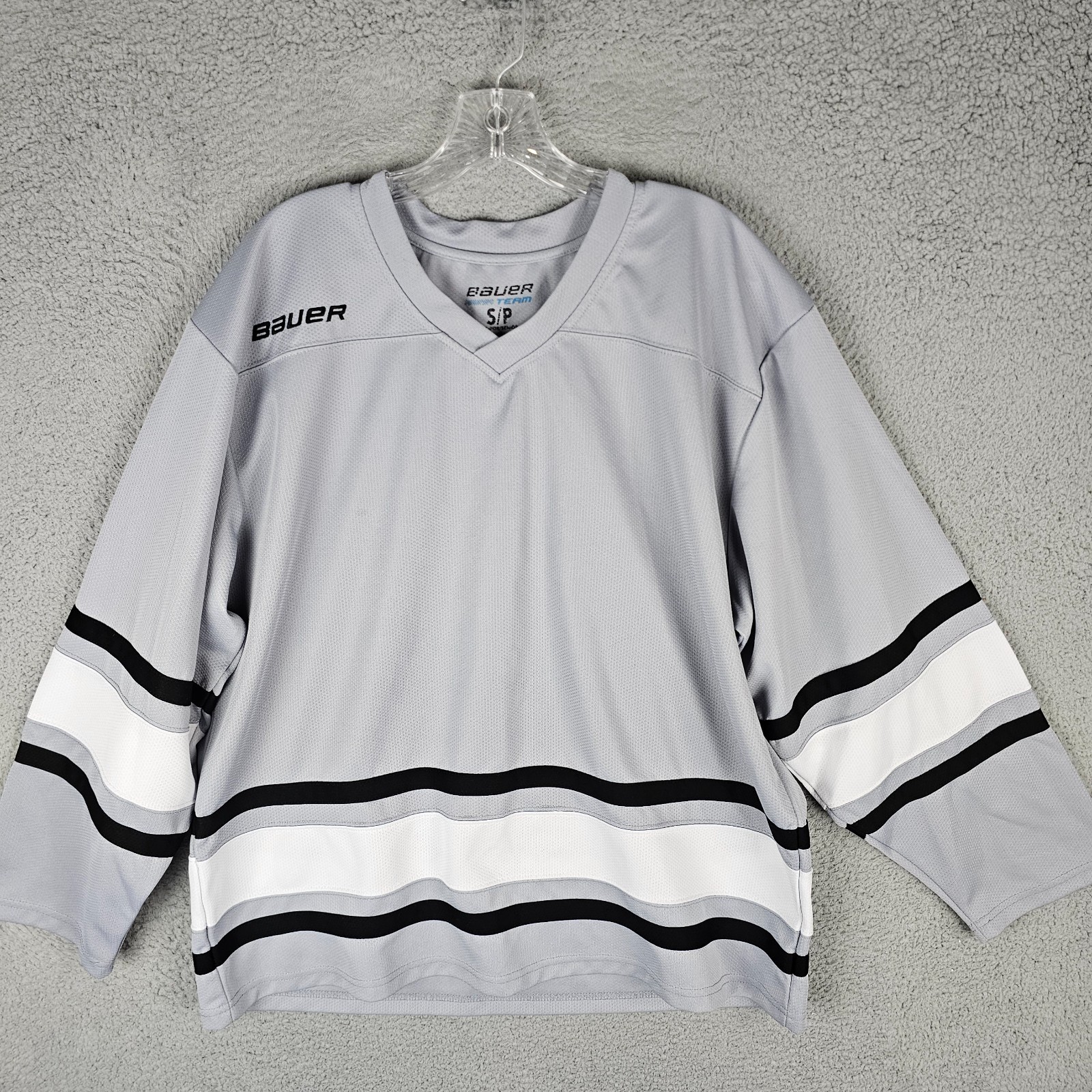 Bauer Hockey Team Jersey Mens Small Gray Stretch Heavyweight Long Sleeve V-Neck gallery