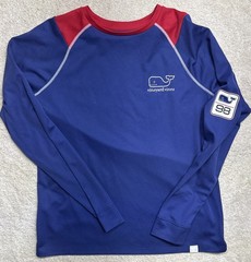 Vineyard Vines Shirt Blue Performance Long Sleeve Big Whale Logo On Back Men Med