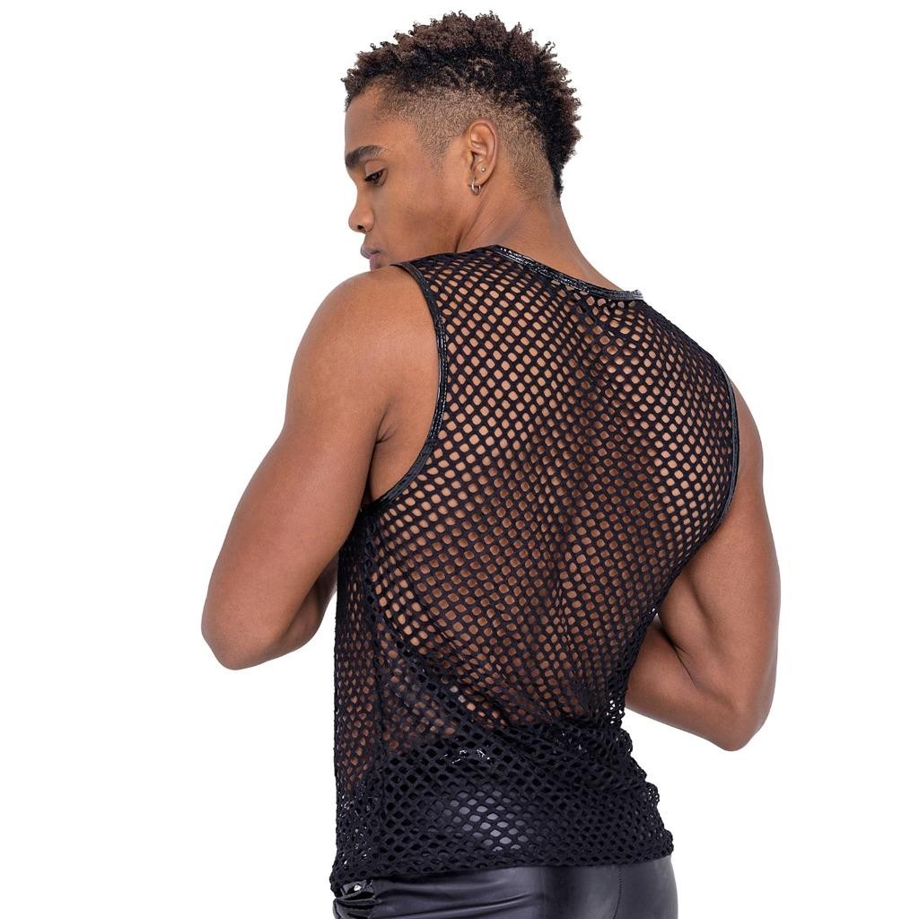 Fishnet Tank Top Studded Vinyl Trim V Neckline Sheer Mesh Black 6330 Medium gallery