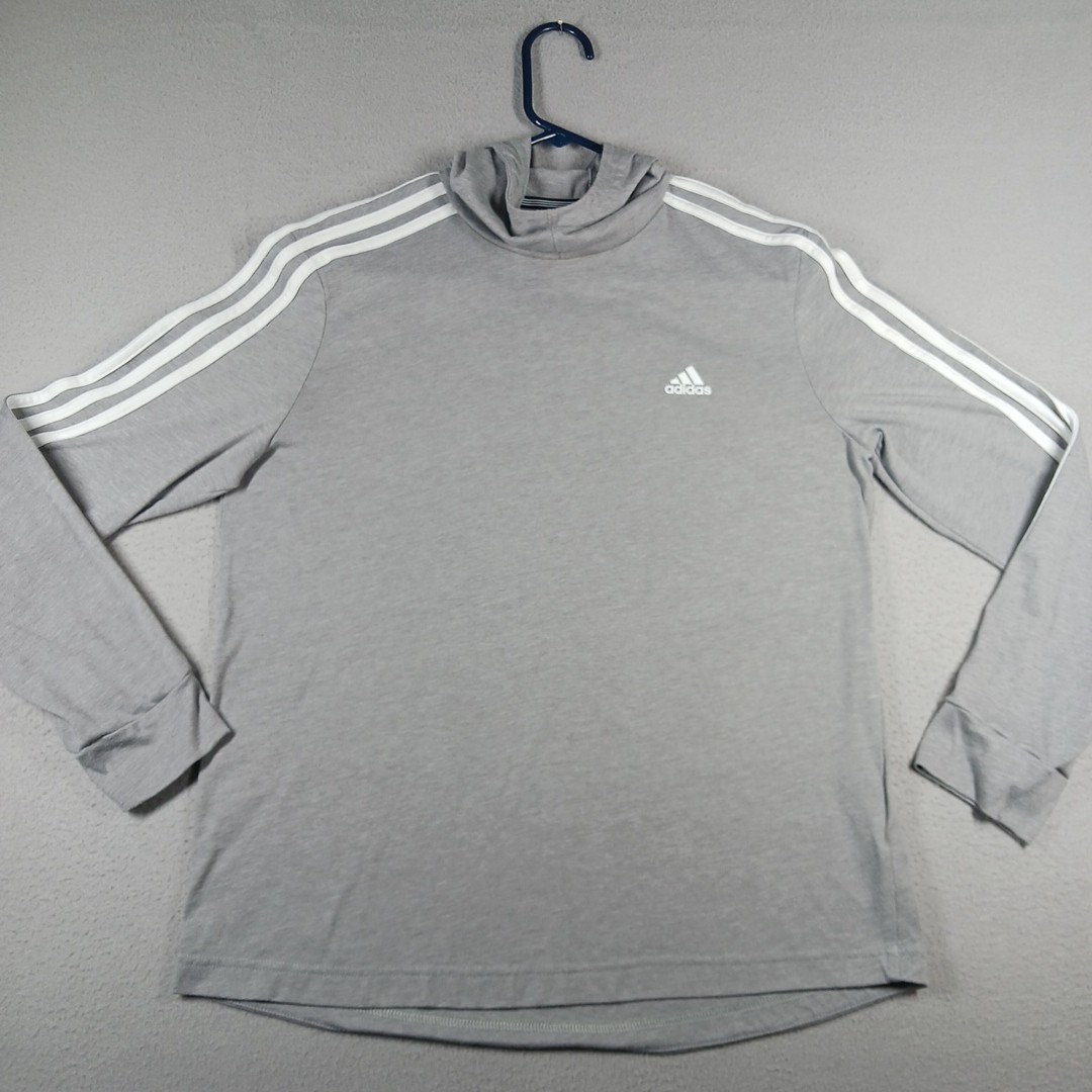 Adidas Hooded Shirt Mens Medium Gray Climalite 3-Stripes Pullover Athletic Logo gallery