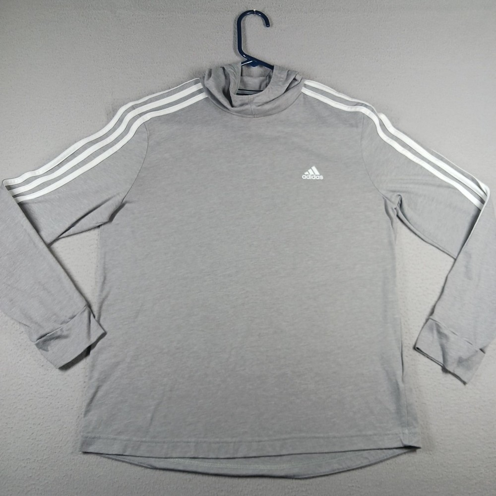 Adidas Hooded Shirt Mens Medium Gray Climalite 3-Stripes Pullover Athletic Logo