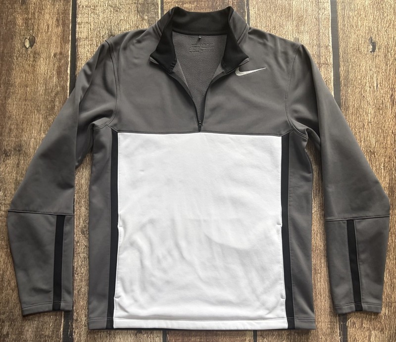 NIKE GOLF 1/4 ZIP SWOOSH PULLOVER TECH SWEATER GRAY WHITE MENS SMALL EXCELLENT gallery