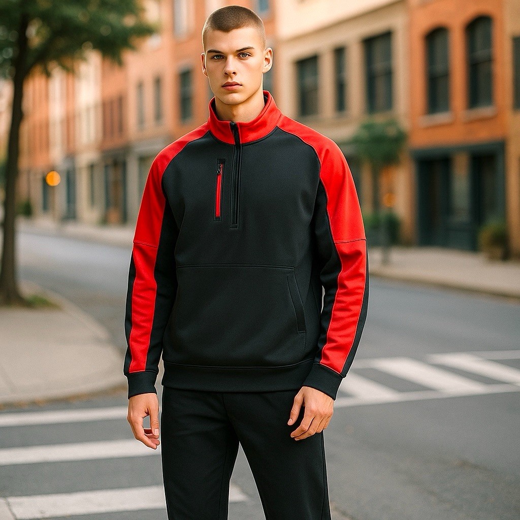 Antigua Men’s Large Long Sleeve 1/4 Zip Pullover in Black & Red Color Block New gallery