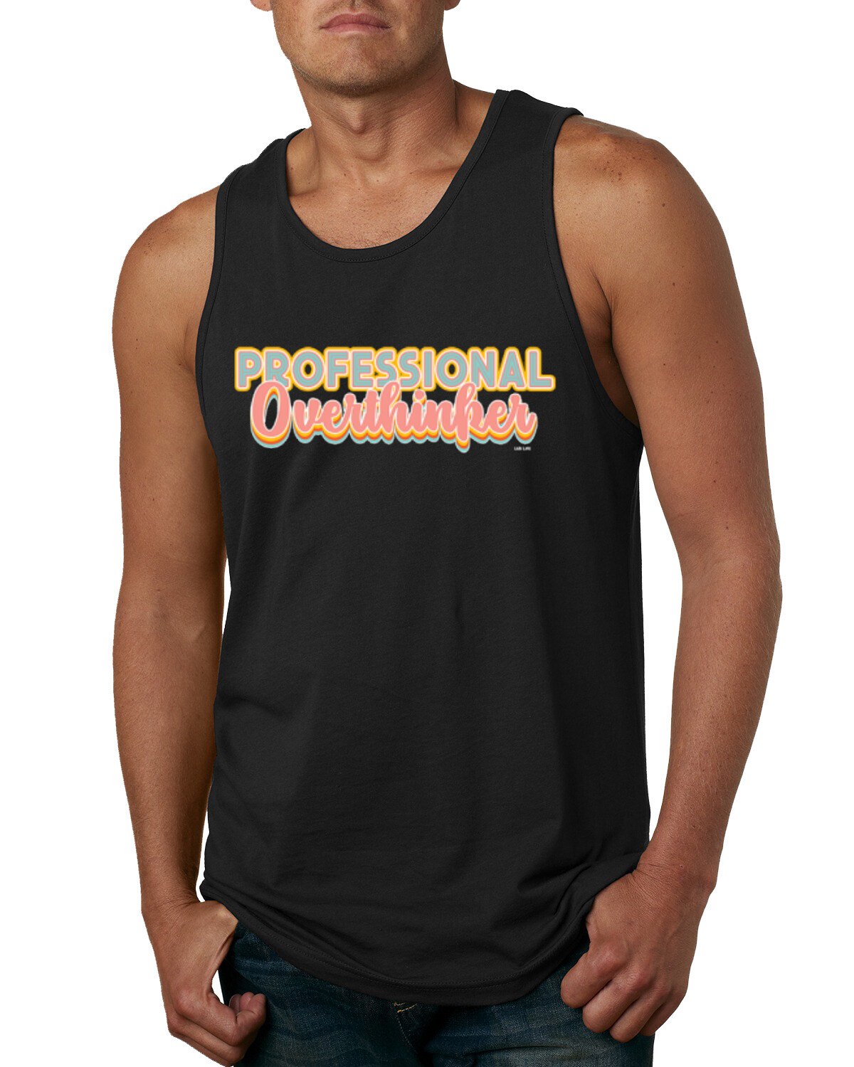Professional Over Thinker Blue Pink Yellow Groovy Letters Men Tank Top gallery