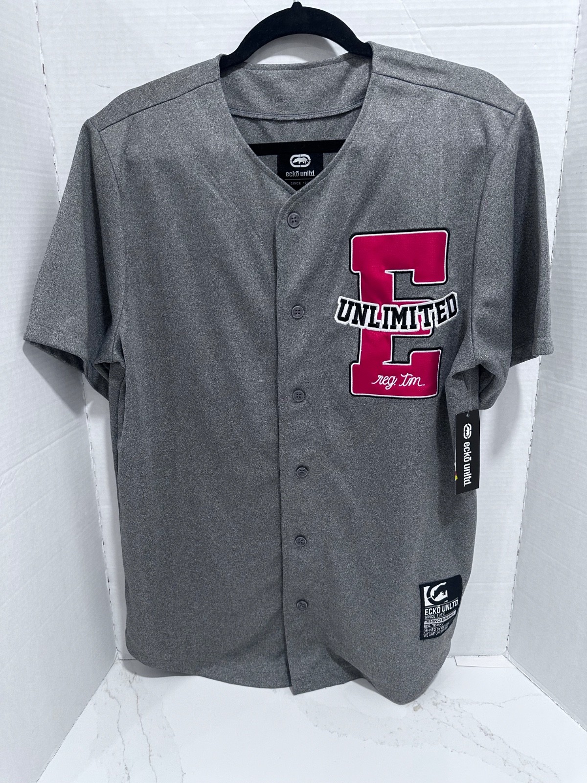 ECKO UNLTD BASEBALL JERSEY GRAY WITH RED EMBROIDERED “E” NWT MEDIUM gallery
