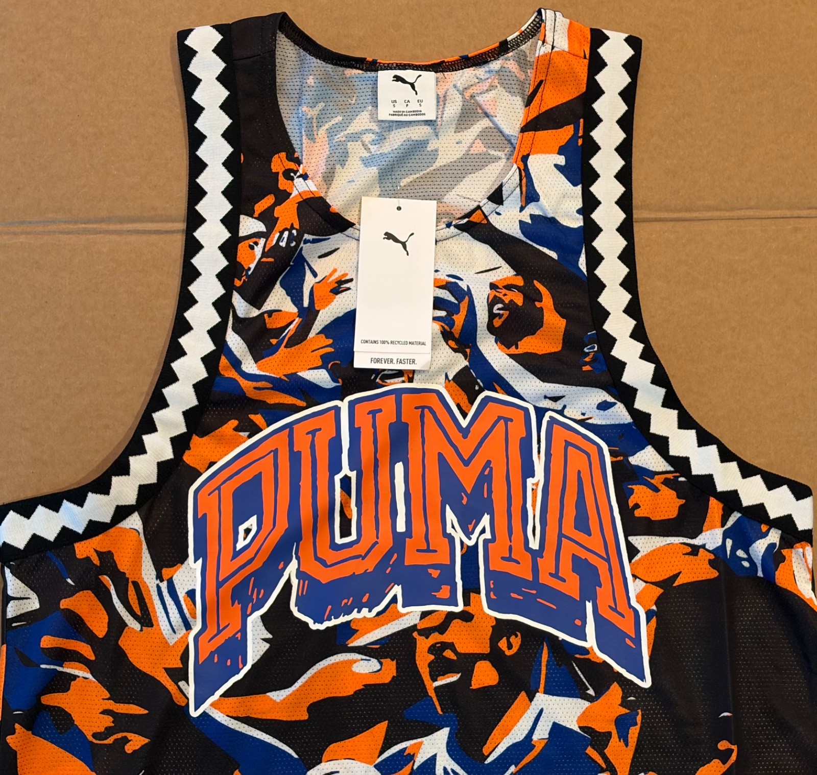NWT $40 Puma Rival Rage Blue Orange Graphic All-Over Print Mesh Tank Top Size S gallery