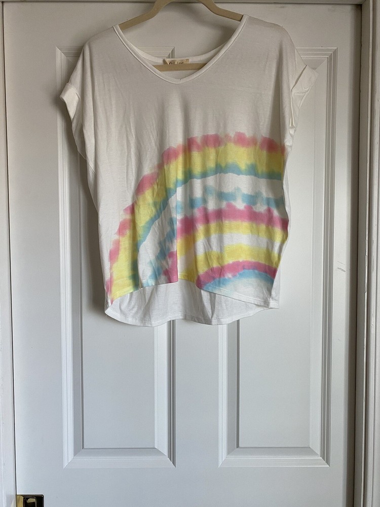 Phil Love Small White Pastel Rainbow Watercolor V Neck Short Sleeve Top Shirt