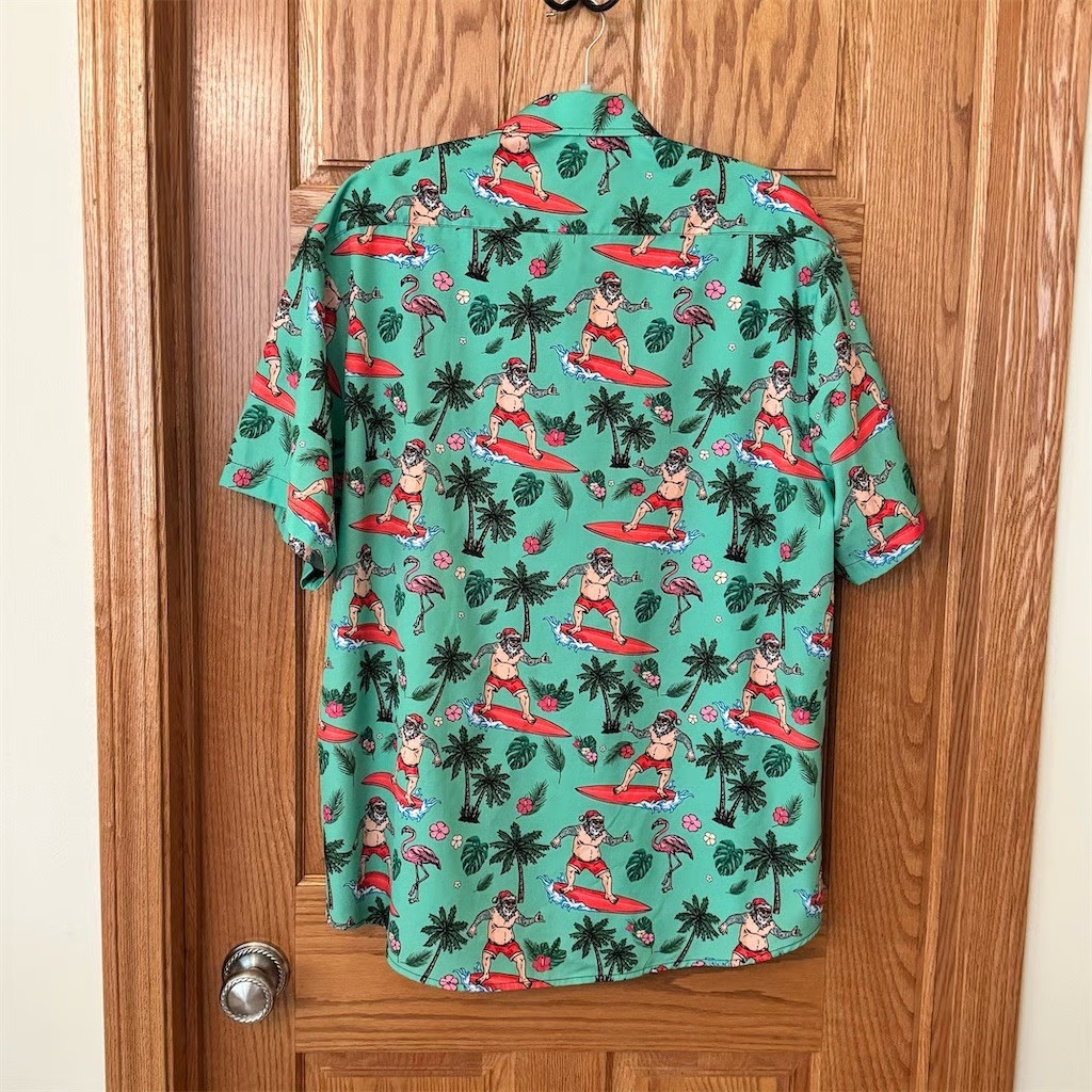 EUOW Hawaiian Shirt Men's XL Green Surfing Santa Flamingo Tropical gallery