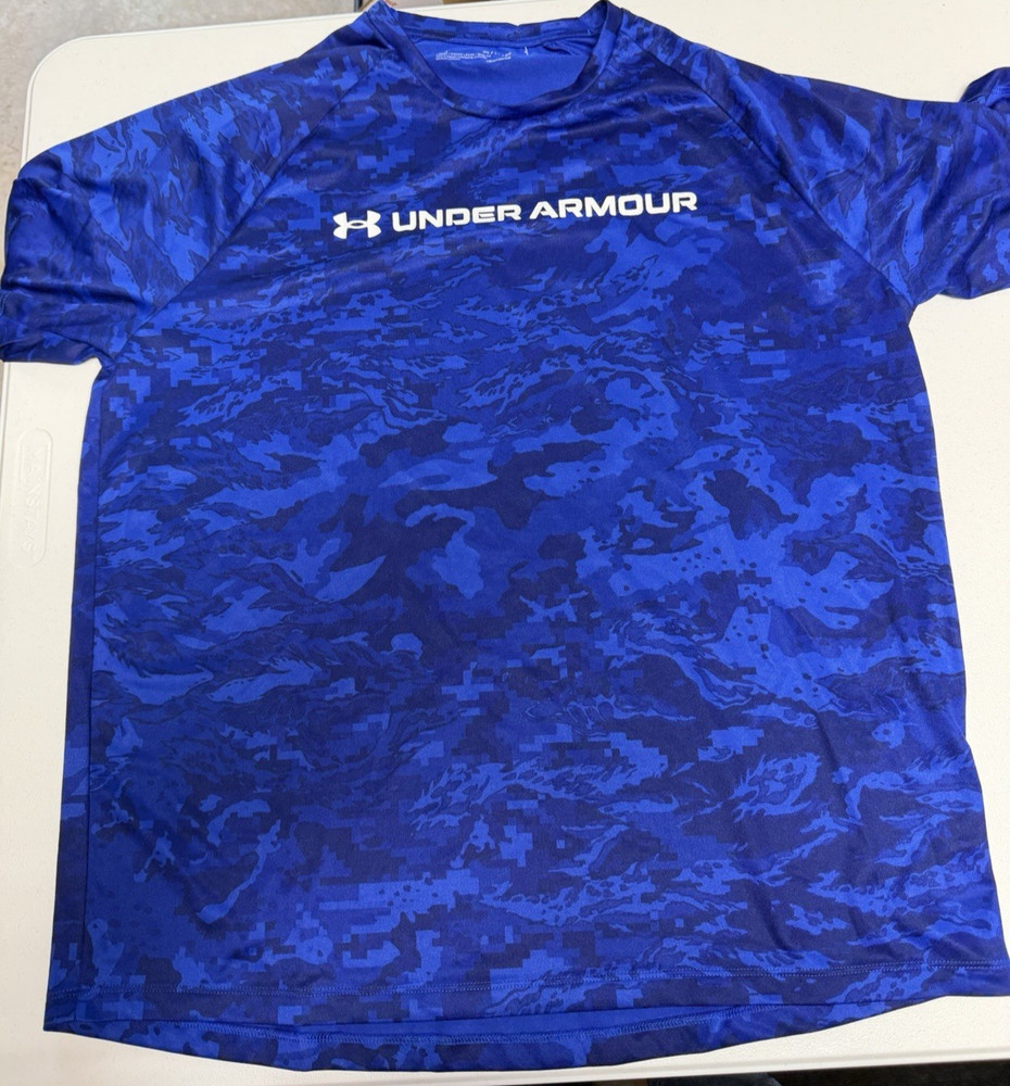 Under Armour Shirt Mens XL Blue Camo HeatGear Short Sleeve Performance Top