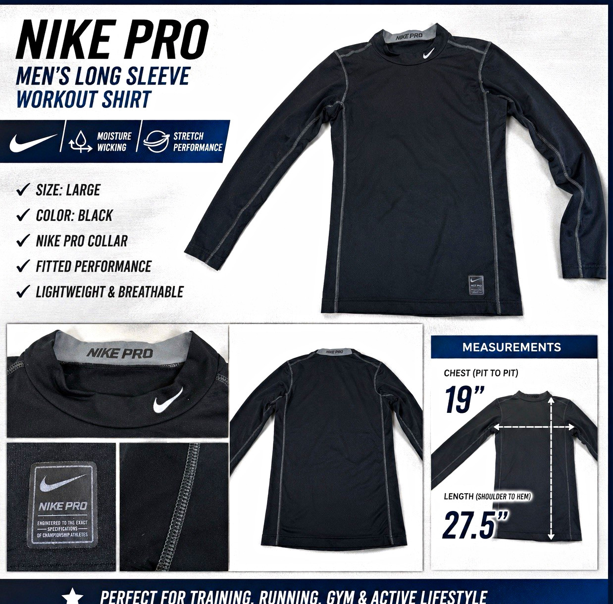 Nike Pro Men's Shirt Black Long Sleeve Mock Neck Fitted L gallery