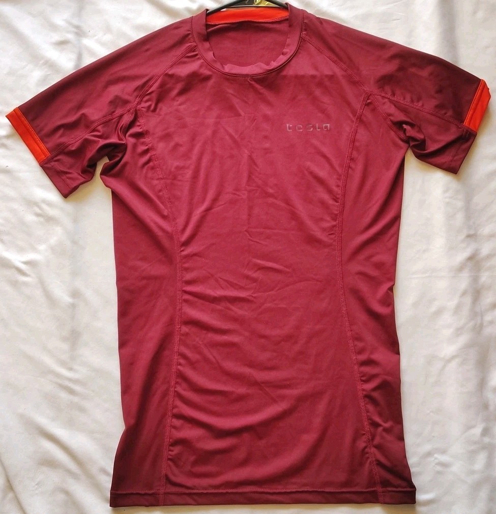 TESLA Compression Shirt Men's Medium Maroon Short Sleeve Performance Active gallery