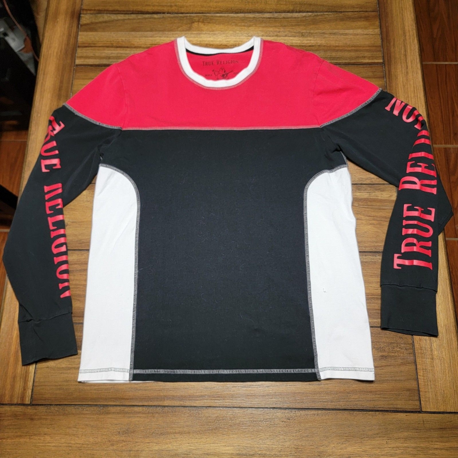 True Religion LS Red Black & White Unisex Rugby Crewneck - Size Large gallery