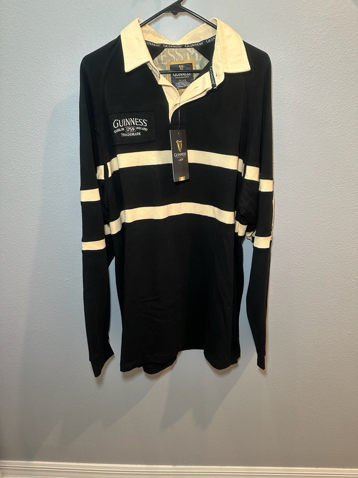 Guinness Traditional Irish Black & Cream Long Sleeve Rugby Jersey Shirt 3XL NWT gallery