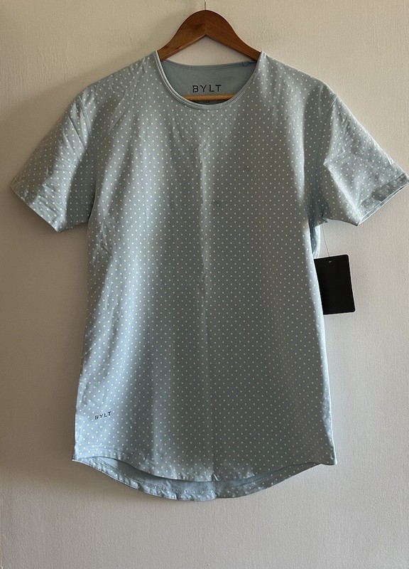 NWT AS IS BYLT Premium Basics Light Blue Polka Dot Drop Cut Short Sleeve Top gallery