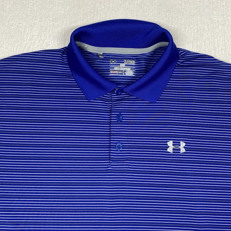 Under Armour Polo Shirt HeatGear Mens XL Blue Striped Short Sleeve Golf gallery