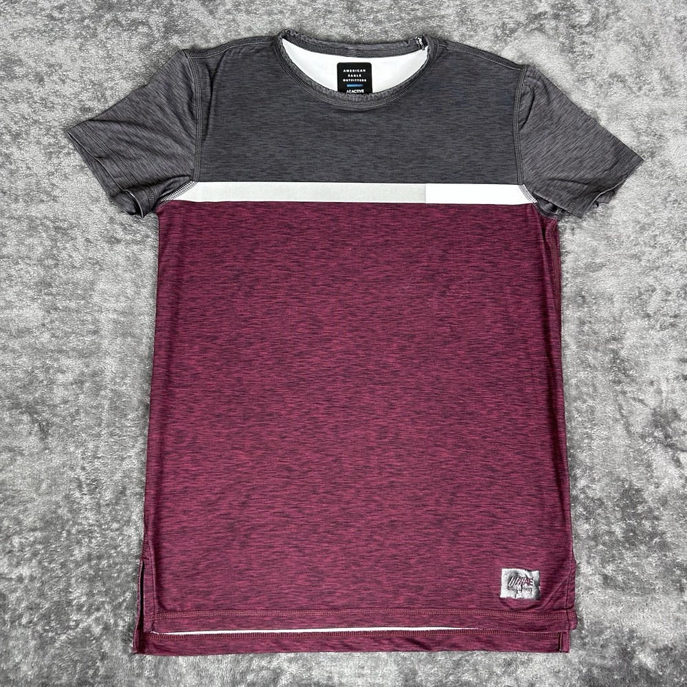 Men’s American Eagle AE ACTIVE Flex Burgundy Tee Gray/White Sz S