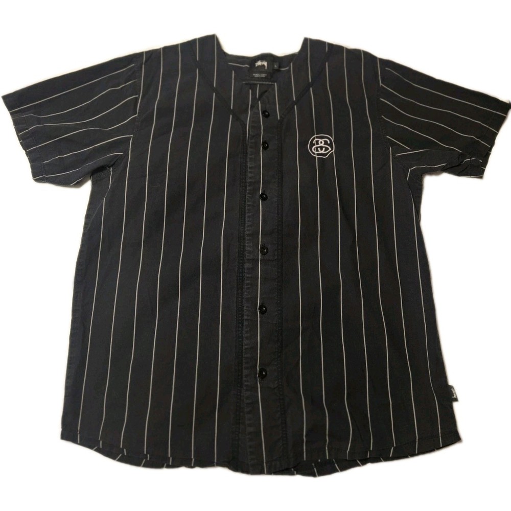 Stüssy Black Pinstripe Baseball Jersey Stock Log Embroidered Rare Sz L