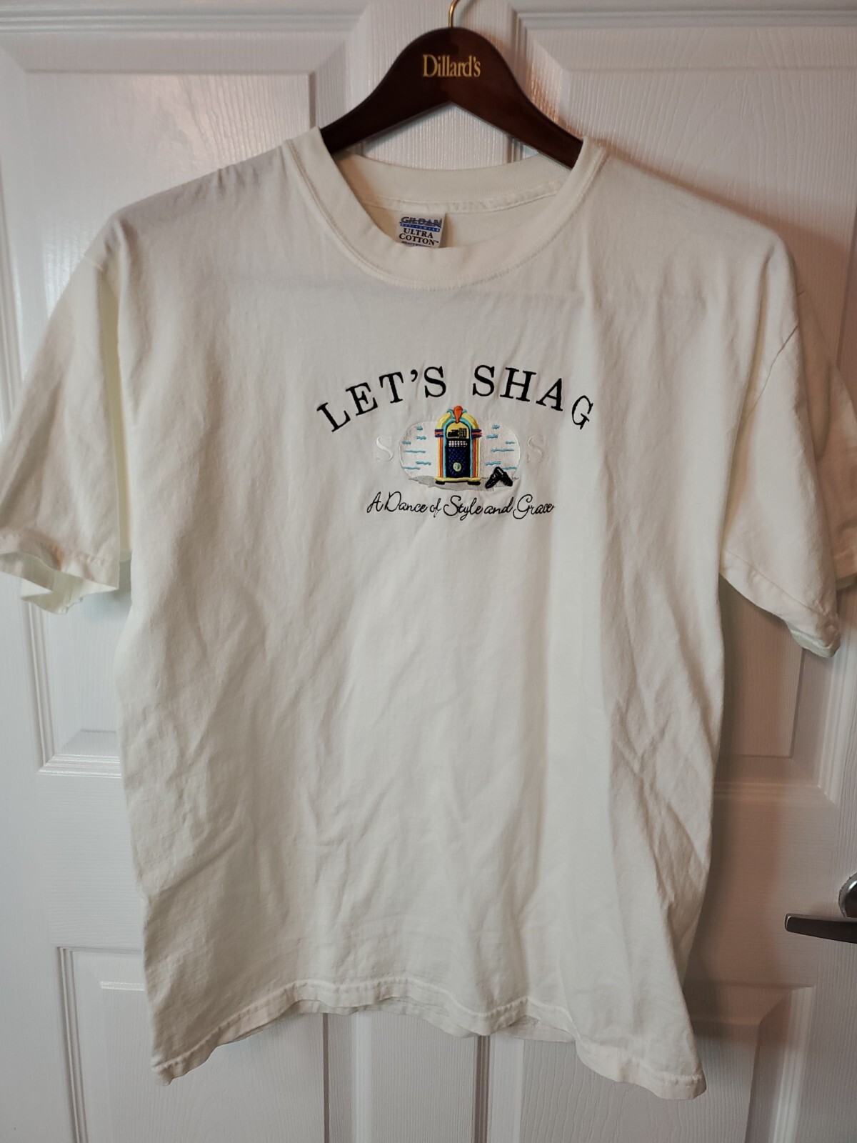 Vintage 90s Embroidered SOS "LET'S SHAG" Shaggers Tshirt Jukebox Shag Dance Sz L gallery