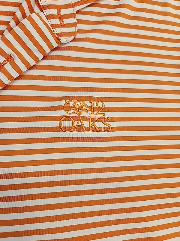 Turtleson Tour Performance 12 Oaks Logo Orange Striped Golf Polo Shirt Mens XL gallery