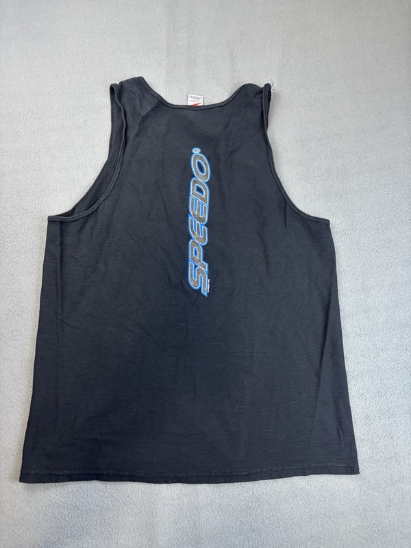 Vintage Speedo Tank Top Mens XL Black Spell Out Logo Beach Gym US Made gallery