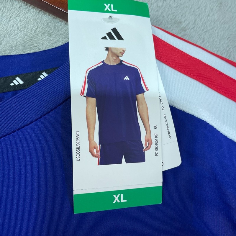 NWT Adidas Men's XL Active 3-Stripes Tee Blue Red White Polyester Spandex gallery
