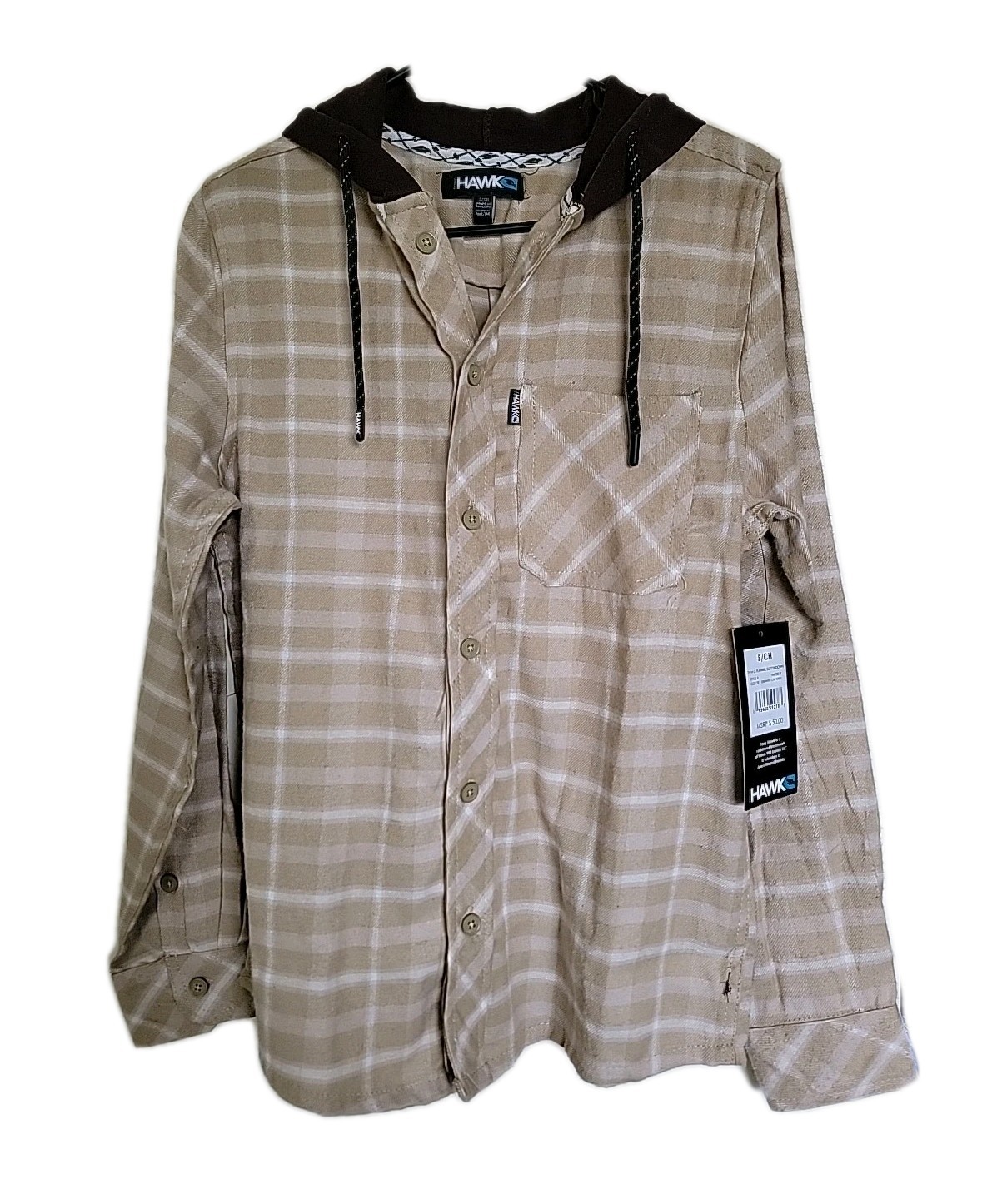 Tony Hawk Hoodie Mens Small Beige Plaid Long Sleeves Hooded Flannel Shirt NEW gallery
