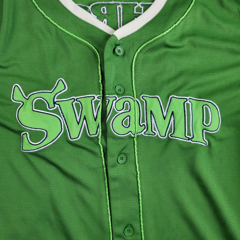 Dreamworks Shrek Jersey Mens 2XL Green Swamp #01 Baseball Button C Spot Donkey gallery