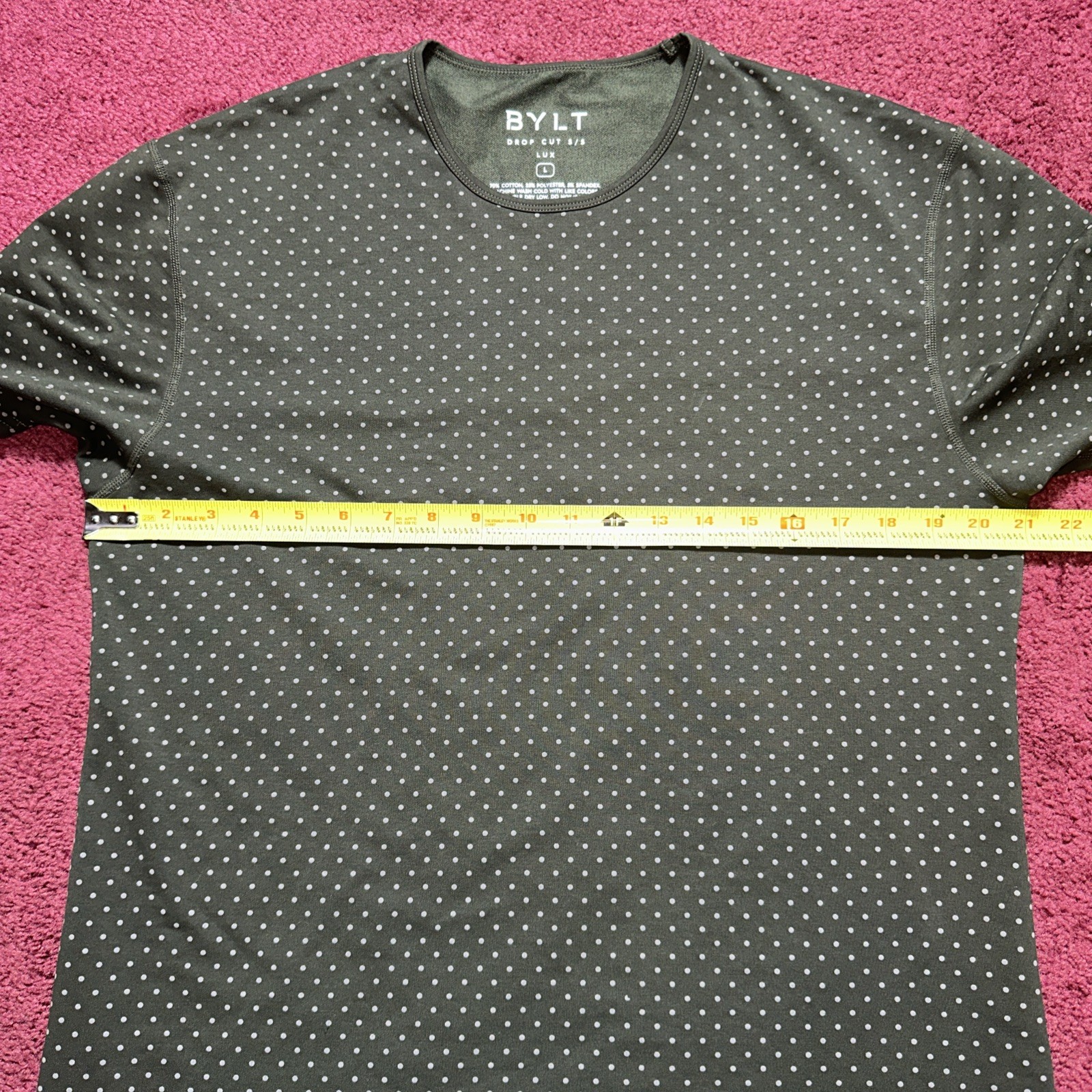 BYLT Shirt Mens Large Green Geometric Gray Dot Drop Cut Lux Large Crew Neck Tee gallery
