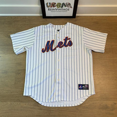 VTG NEW YORK METS MAJESTIC MLB BASEBALL JERSEY XL WHITE PINSTRIPES BIG APPLE NY