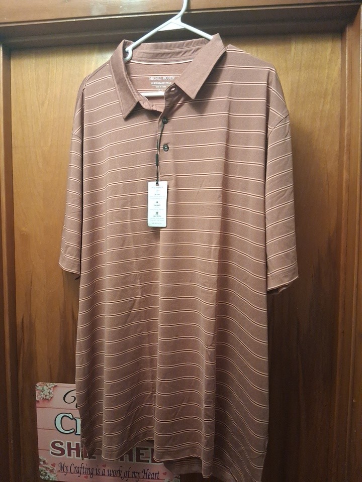 NWT Michel Rouen Men's Performance Polo Golf Shirt. Brown Stripe, Size 3XL. gallery