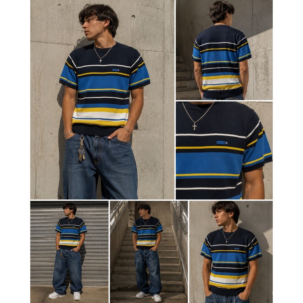 Vintage ENYCE Knit Tee Y2K Blue Yellow Striped Hip Hop Streetwear Shirt Men’s M