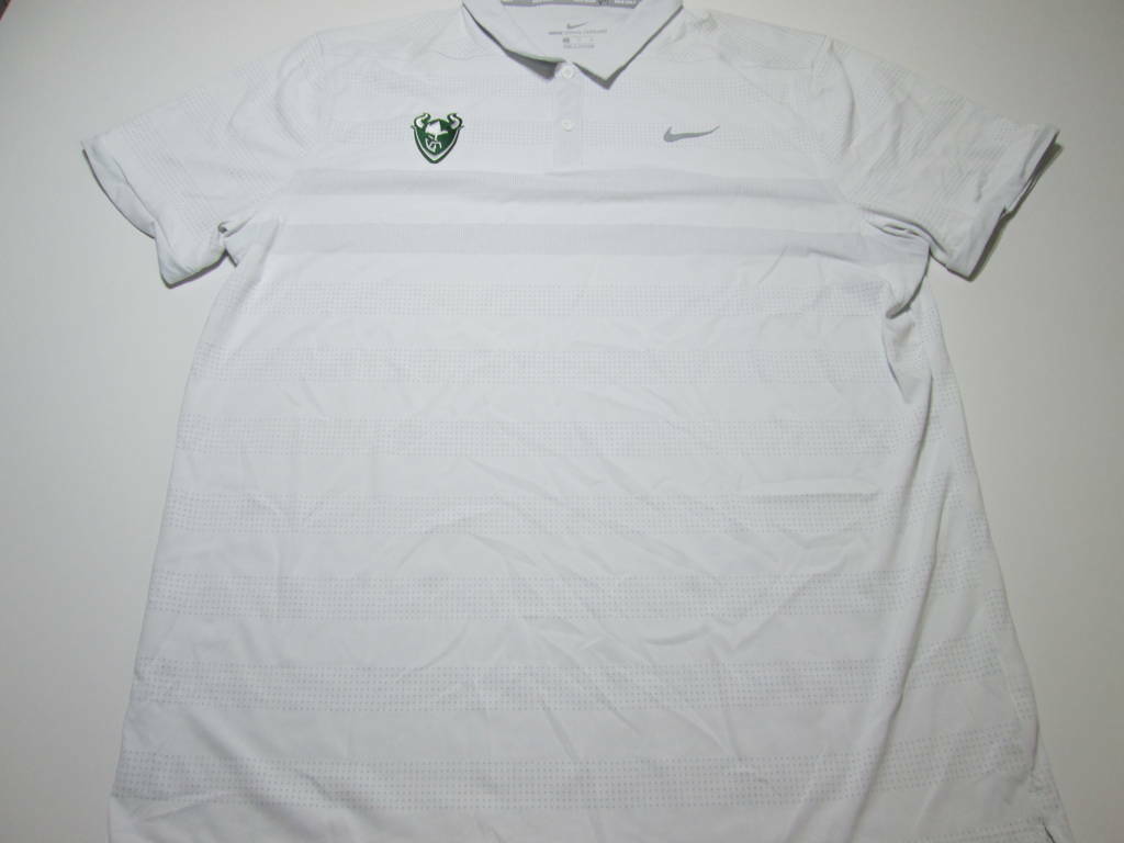 Nike Mens Size L Polo White Logo Print Collared Button Front Pleated Golf Sport gallery