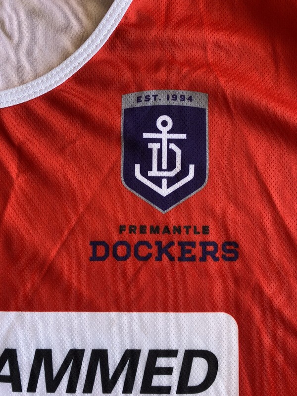 Fremantle Dockers AFL Training BIB Heavily Sponsored Top ISC Size Large gallery