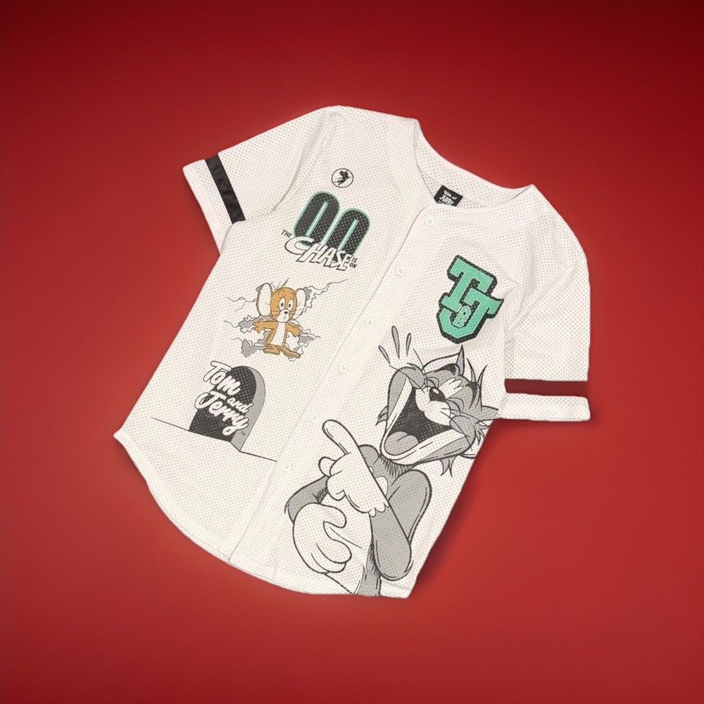 Tom and Jerry Men's White Mesh Graphic Jersey M Breathable 100% Polyester