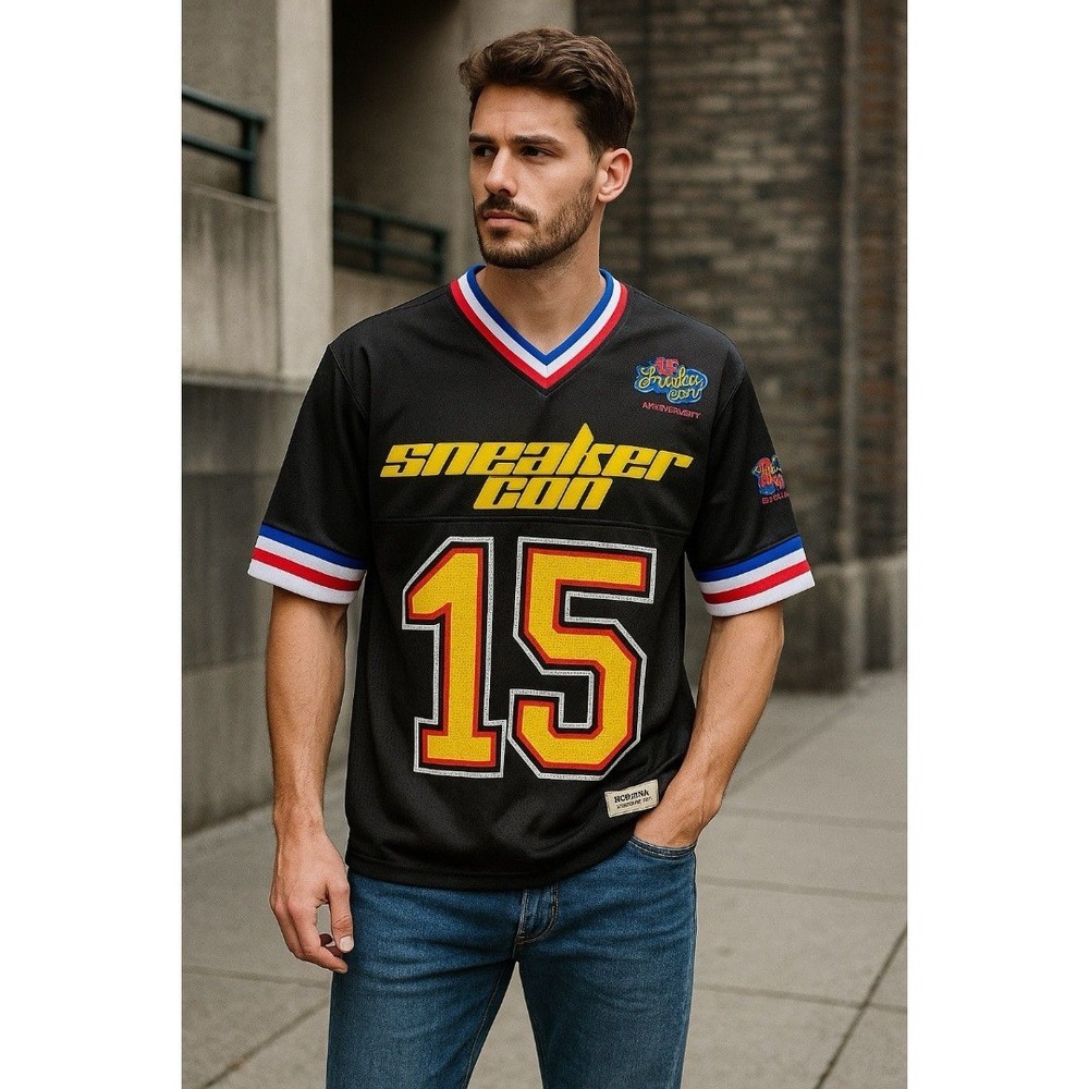 Men's 15th Anniversary SneakerCon Football Jersey- Sz Large-Black- Clean